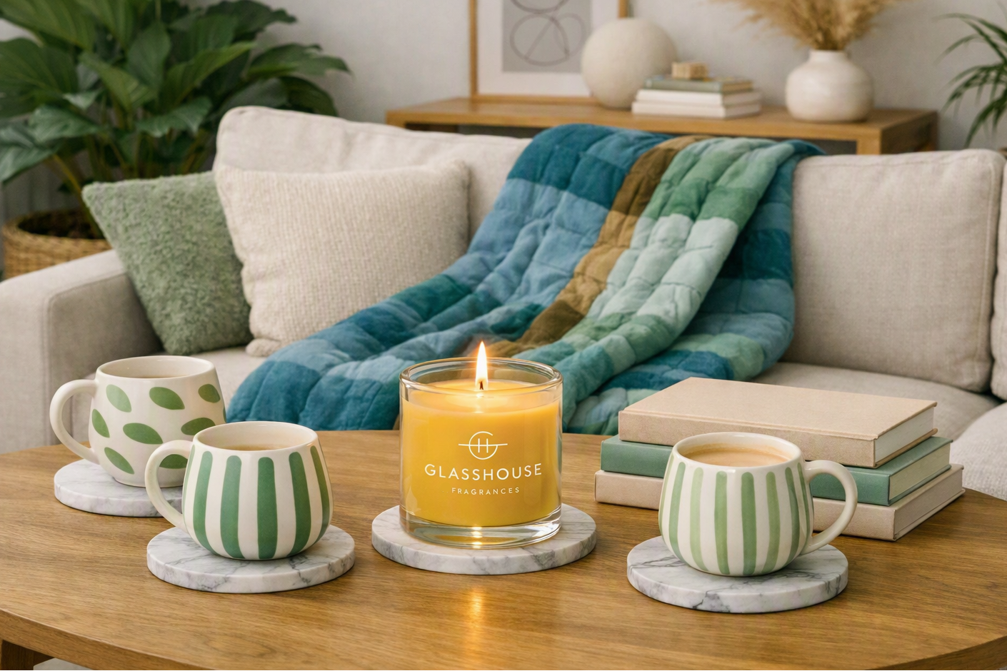 A cozy living room scene with a lit yellow-green candle in a glass jar on a wooden coffee table, surrounded by patterned mugs, books, and a quilted throw blanket on a sofa. The candle label reads 'GLASSHOUSE fragrances'