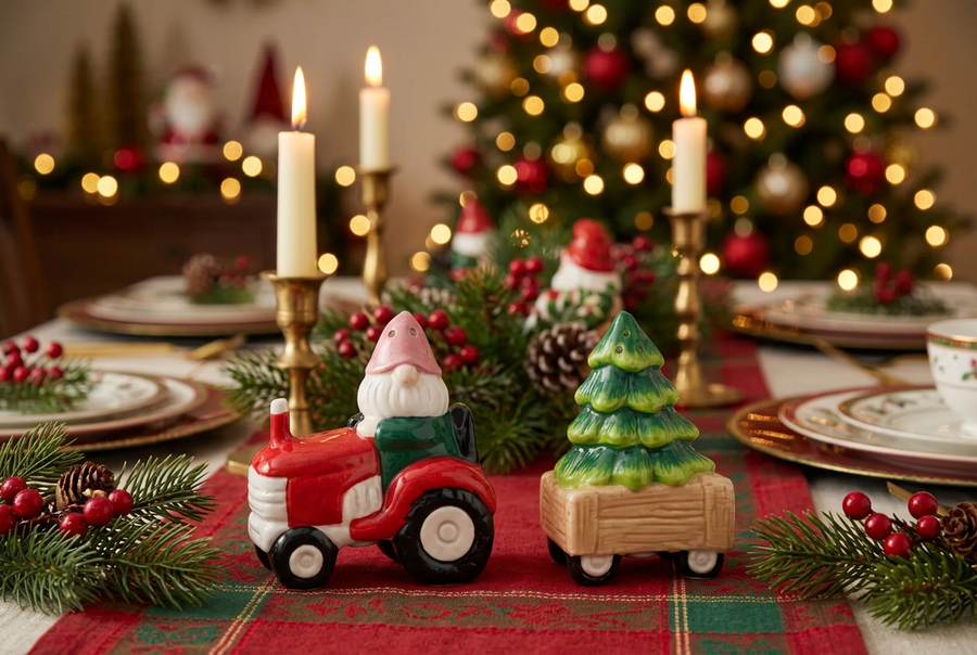 Merry Tractor w/Tree Salt & Pepper Ceramic Set