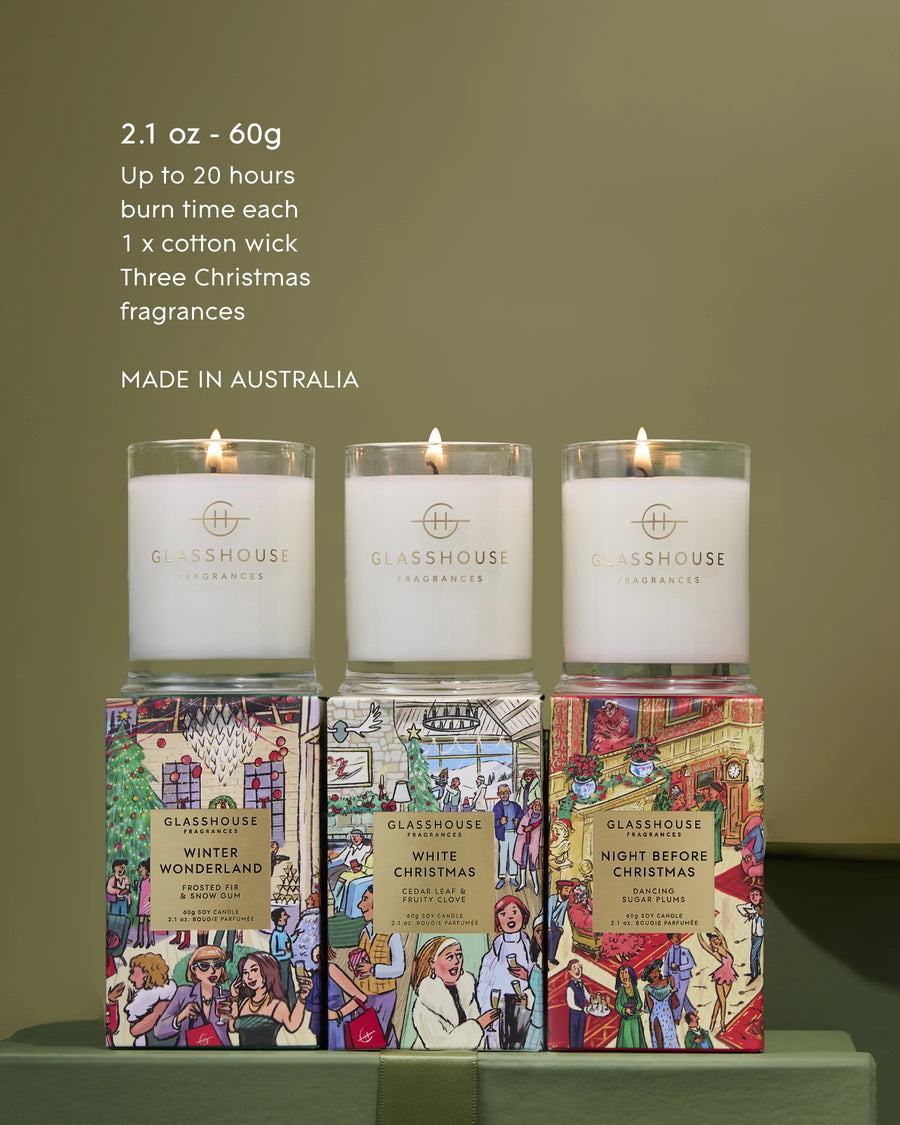 Glasshouse Fragrances 3x60g Candle Trio - Christmas - Night Before Christmas, White Christmas, Winter Wonderland