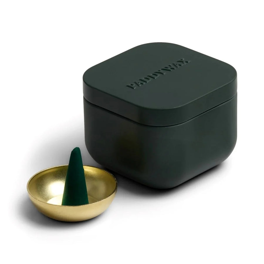 Paddywax - Dark Green Cubed Metal Tin Incense Refills w/ 20 Incense Cones + Incense Cone Holder