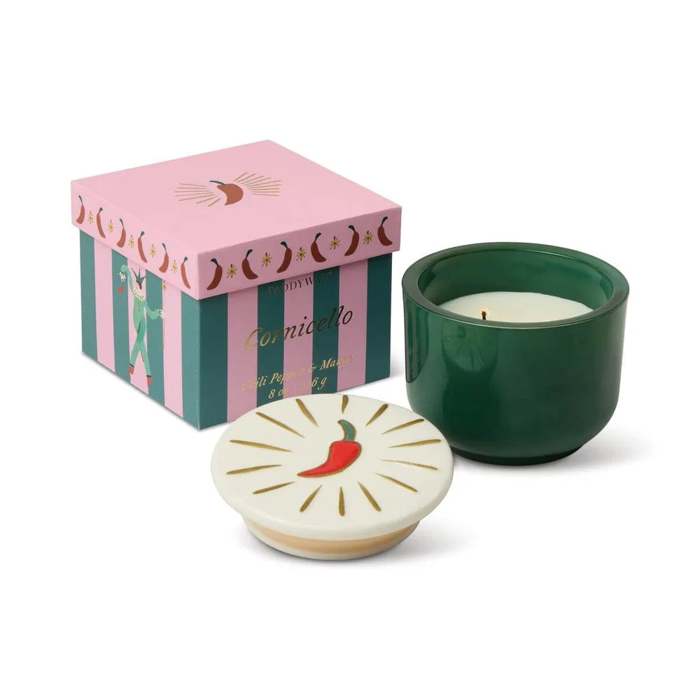 Charmed 8oz Green Glass w/ Embossed Chili Ceramic Lid & Printed Box - Chili Pepper & Mango