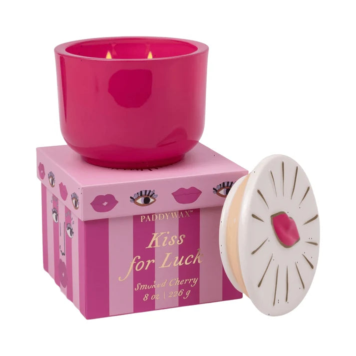 Paddywax - Charmed 8oz Hot Pink Glass w/ Embossed Lips Ceramic Lid & Printed Box - Smoked Cherry