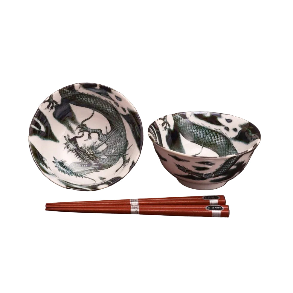 UNRYU DRAGON black - 2 bowl with chopsticks set  AHG-64