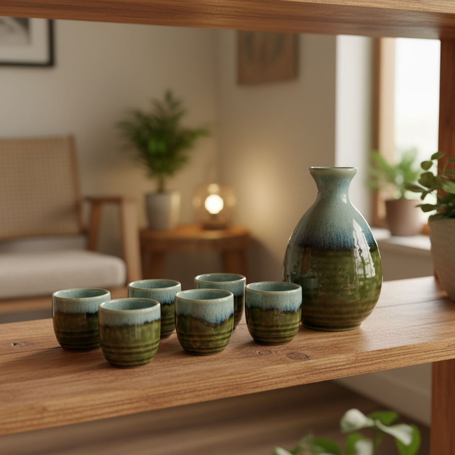 A ceramic sake set with a small bottle and four cups in a dark green and gray glaze, arranged on a plain white background.