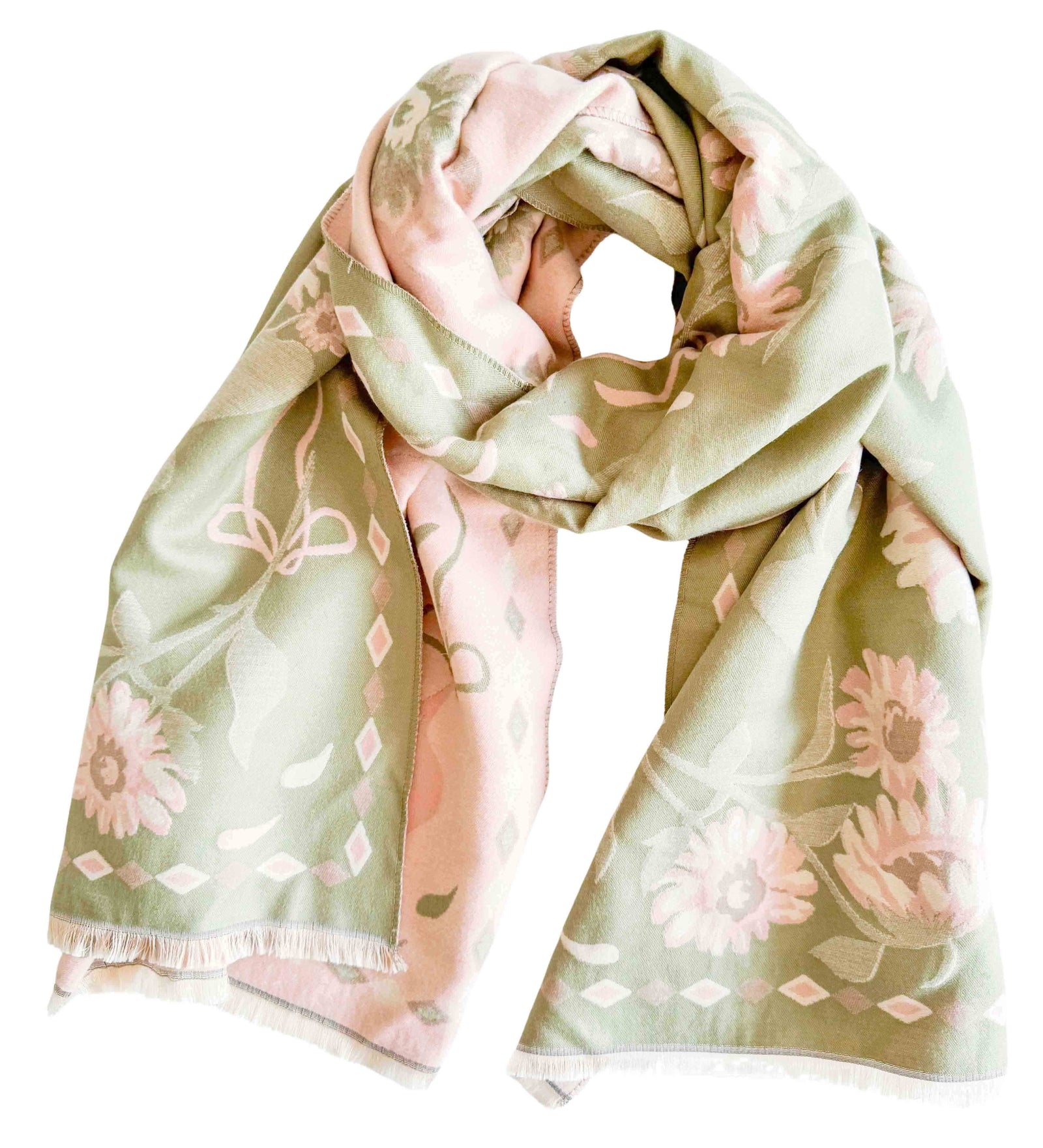 Folk Floral Scarf - Green & Cream