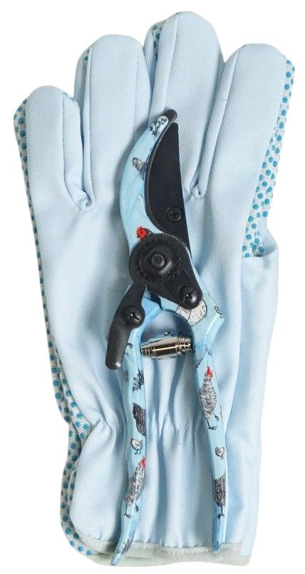 Chicken and Friends secateurs & gloves blue