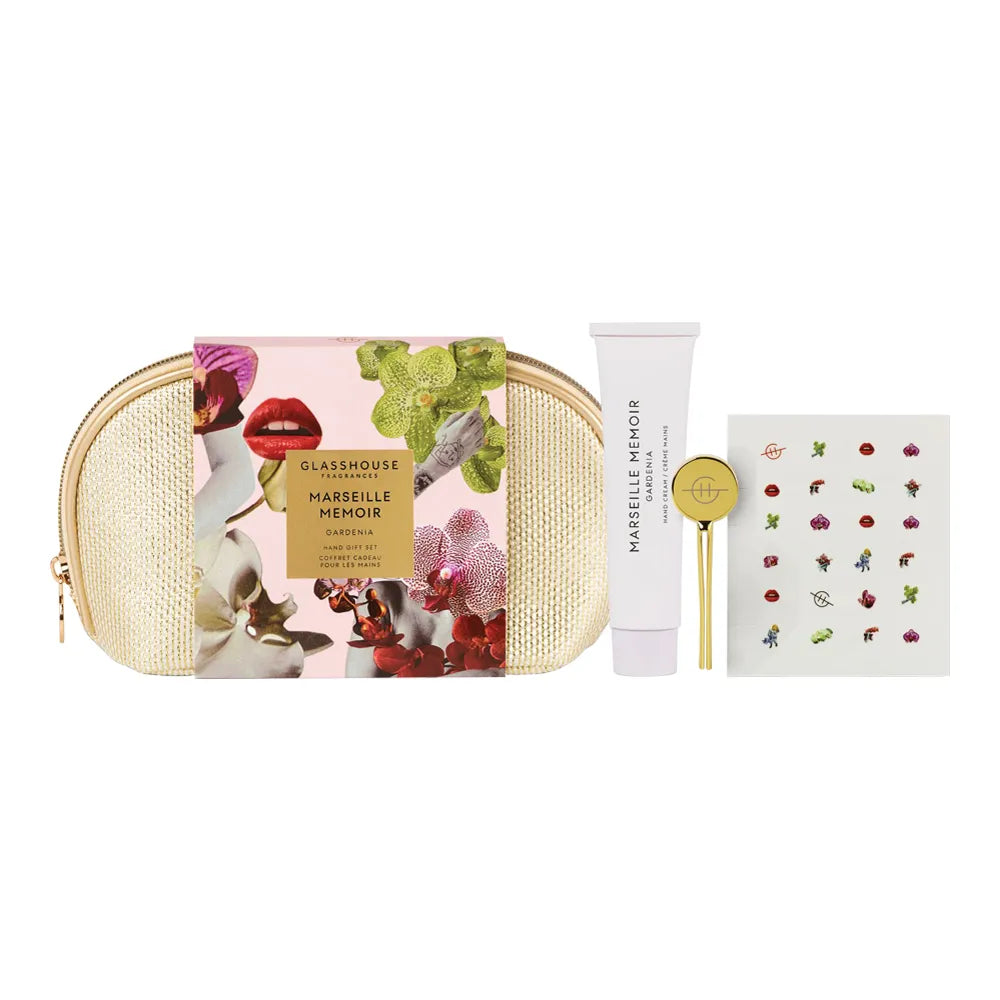 Glasshouse Fragrances 75ml Hand Cream, Hand Cream Key, Nail Stickers, Bag- Hand Gift Set - Mother's Day 26 Marseille Memoir